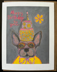 Happy Birthday cake hat French bull dog greeting card