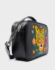 Verto Black Leather Crossbody Bag - Happy Tiger Embroidery