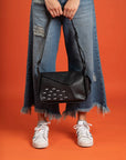 Houston Black Leather Shoulder Bag - Eyes Embroidery