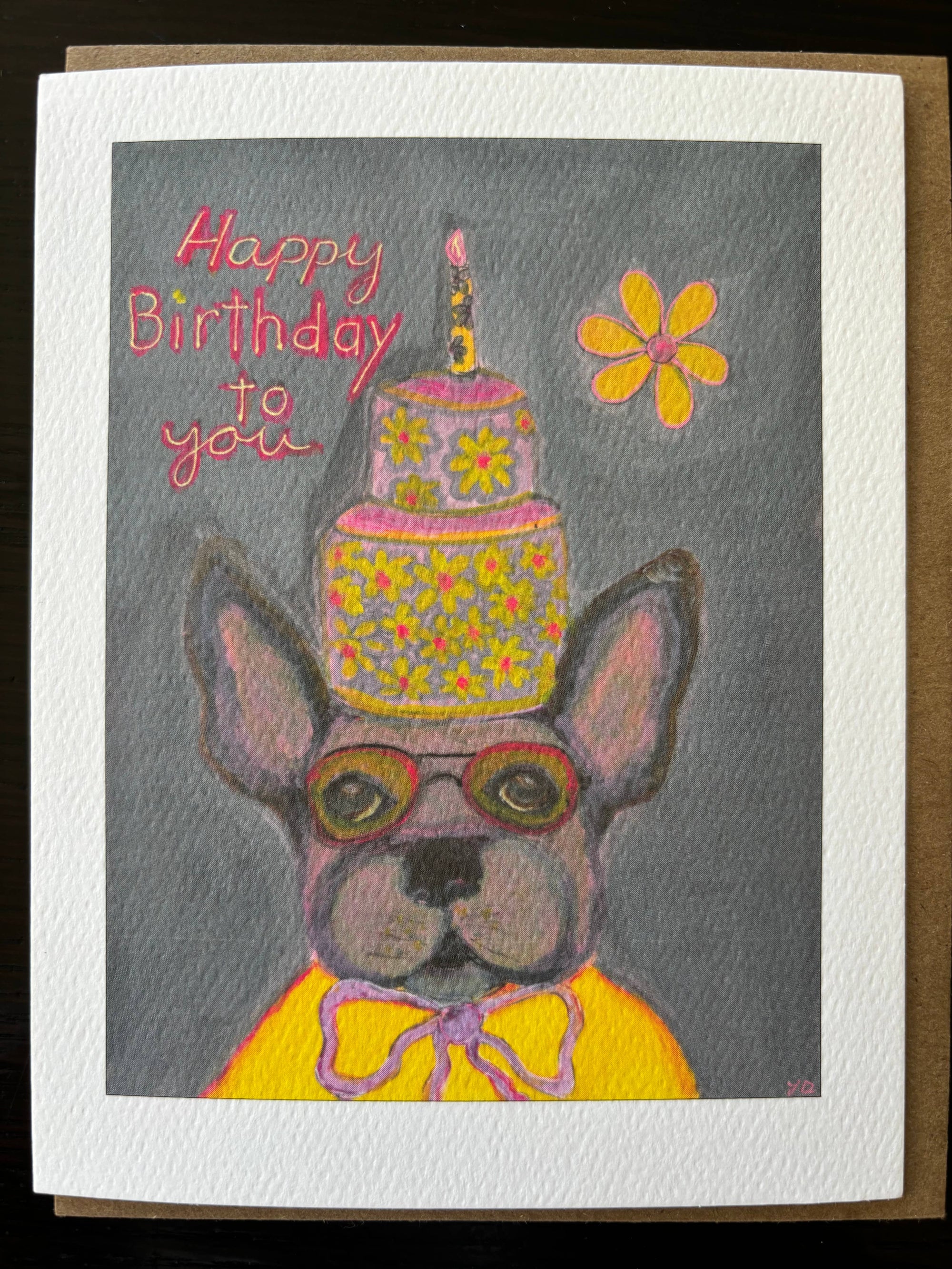 Happy Birthday cake hat French bull dog greeting card