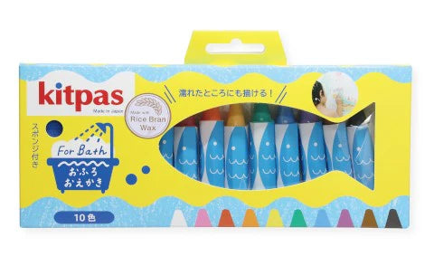 KITPAS RICE BRAN WAX BATH CRAYONS 10 COLORS WITH SPONGE