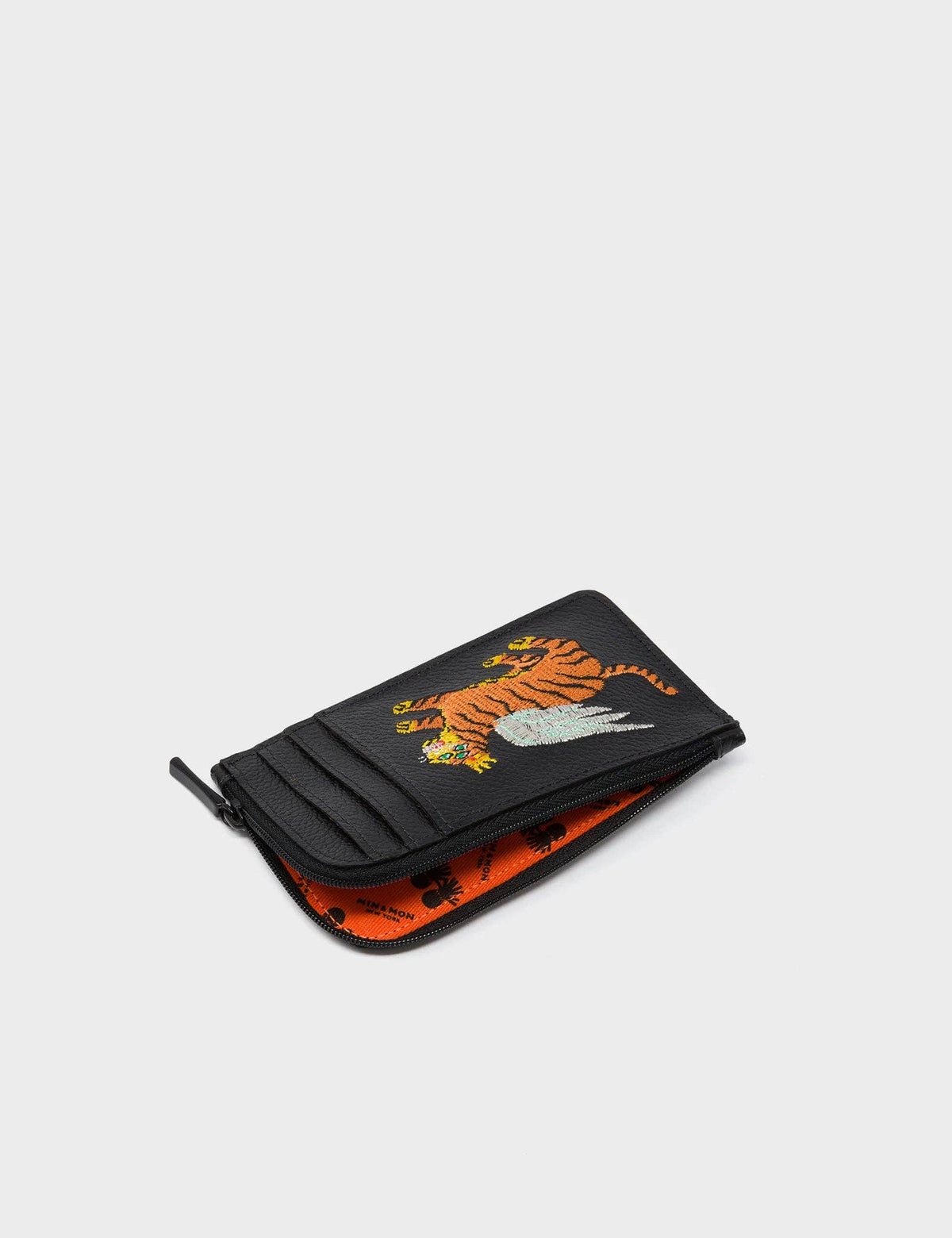 Fausto Black Leather Zip-around Cardholder - Flying Tiger Embroidery