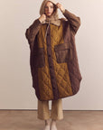 Patch quilted wool blend detachable fur collar coat