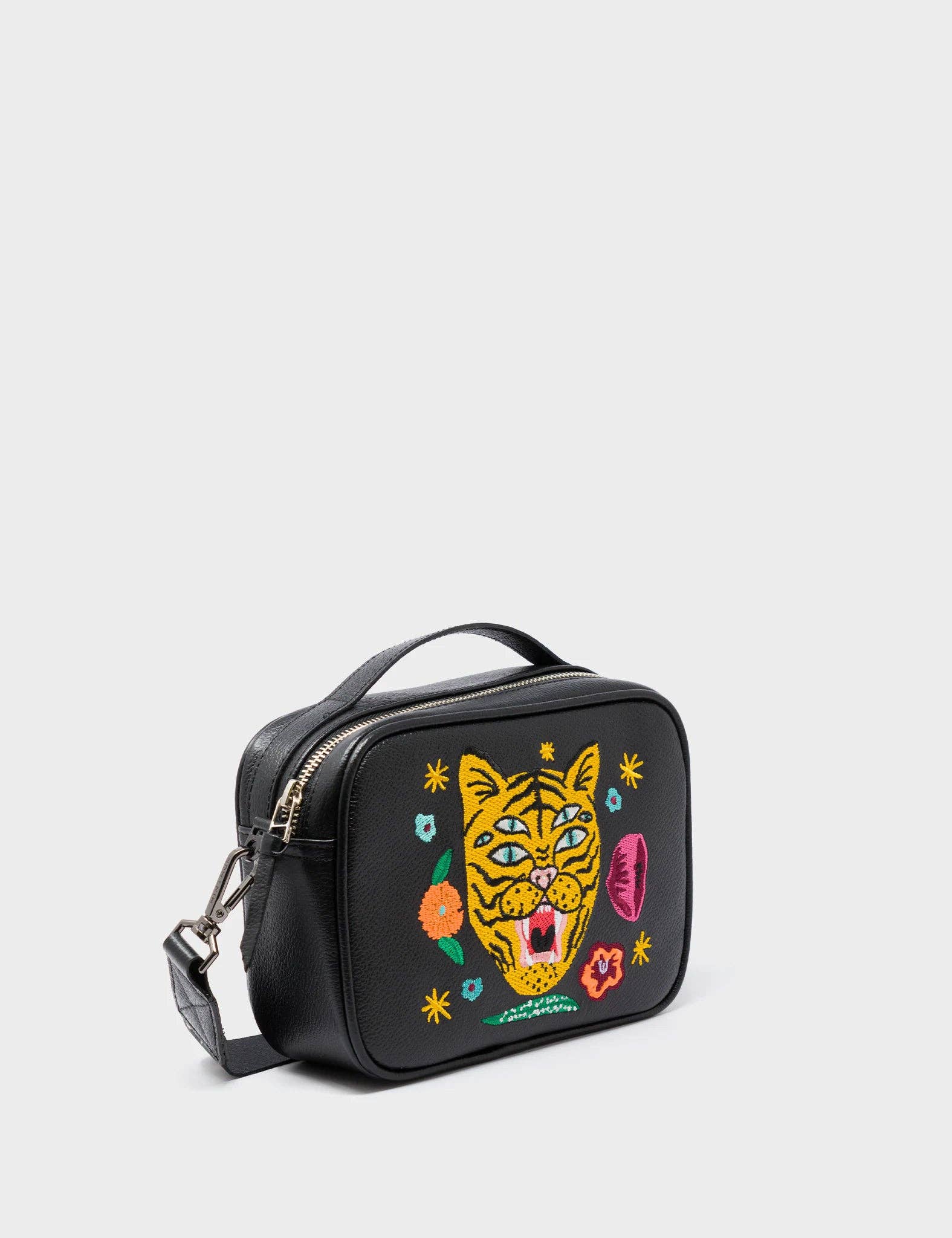 Verto Black Leather Crossbody Bag - Happy Tiger Embroidery