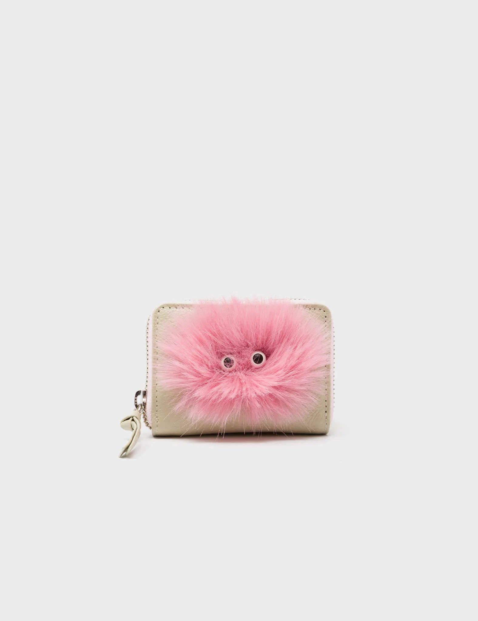 Frodo Gravel Beige Leather Zip Around Wallet - Fuzzy Monster Applique