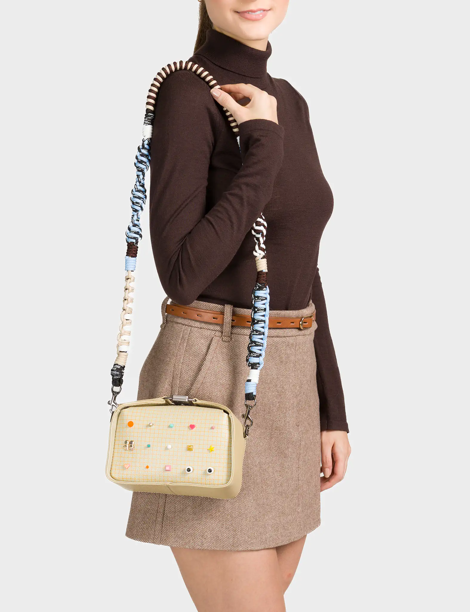 Benji Micro Crossbody Gravel Beige Leather Bag - Studs Pattern