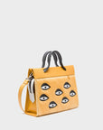 Vali Crossbody Small Golden And Black Leather Bag - Eyes Applique Adjustable Handle