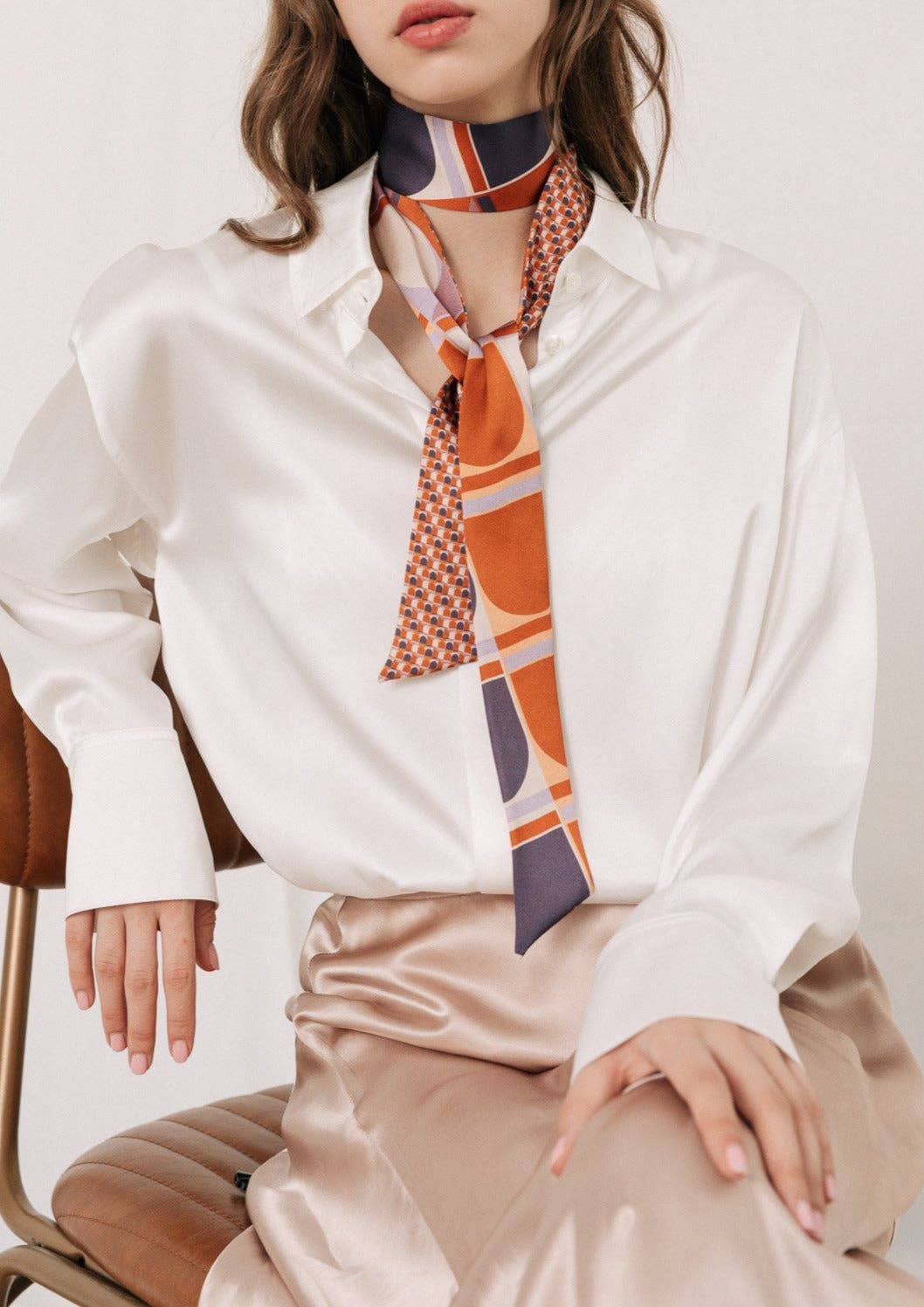"Modular" Silk Skinny Scarf - Orange