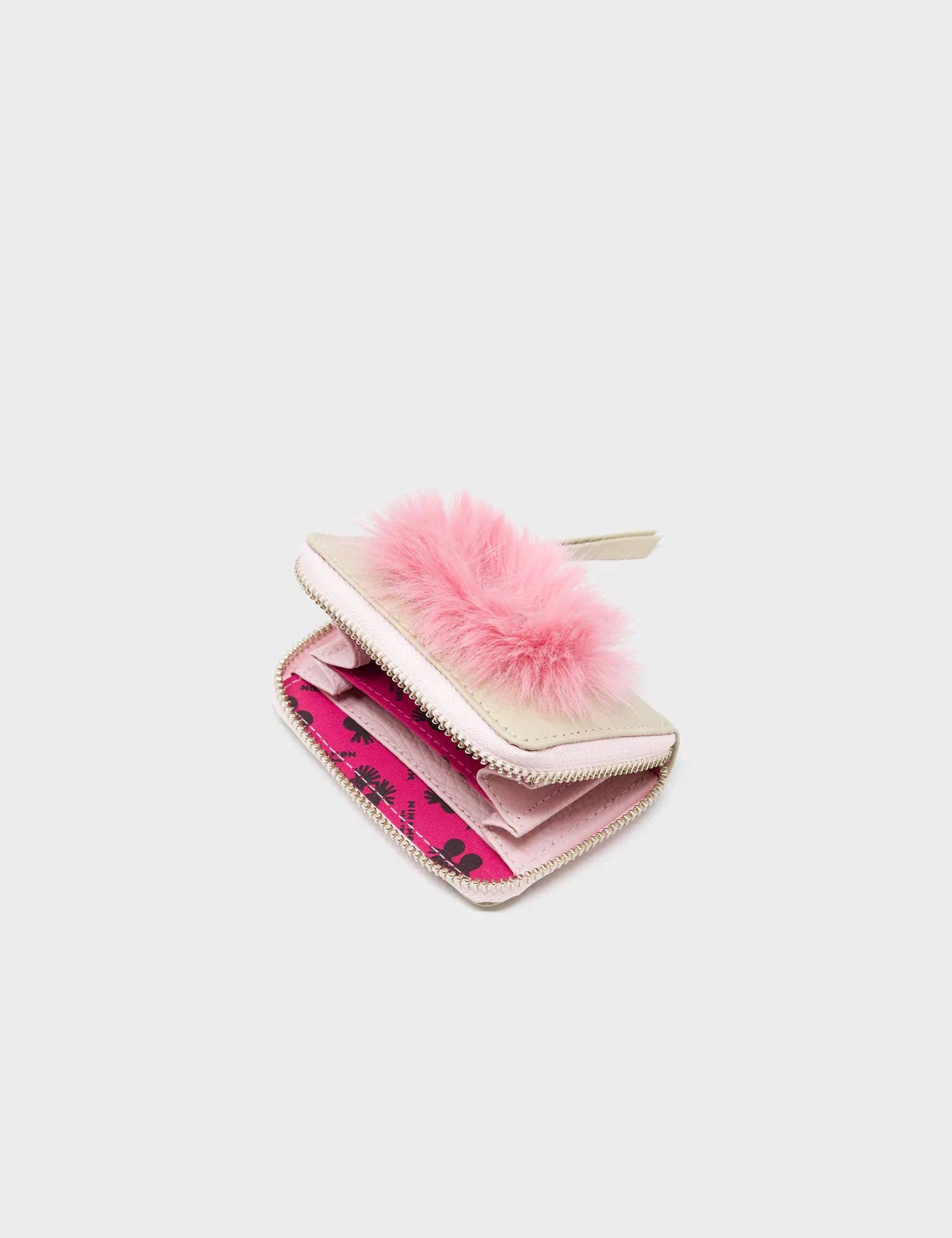 Frodo Gravel Beige Leather Zip Around Wallet - Fuzzy Monster Applique