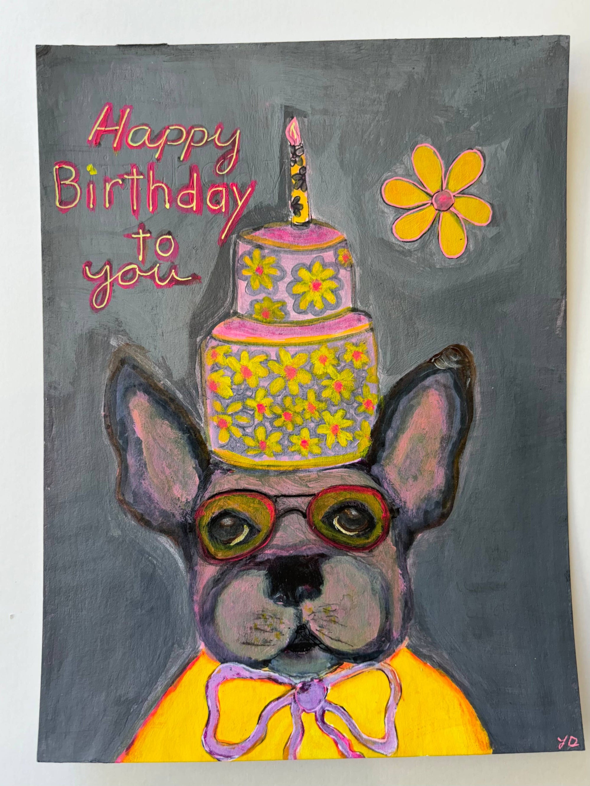Happy Birthday cake hat French bull dog greeting card