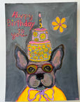 Happy Birthday cake hat French bull dog greeting card