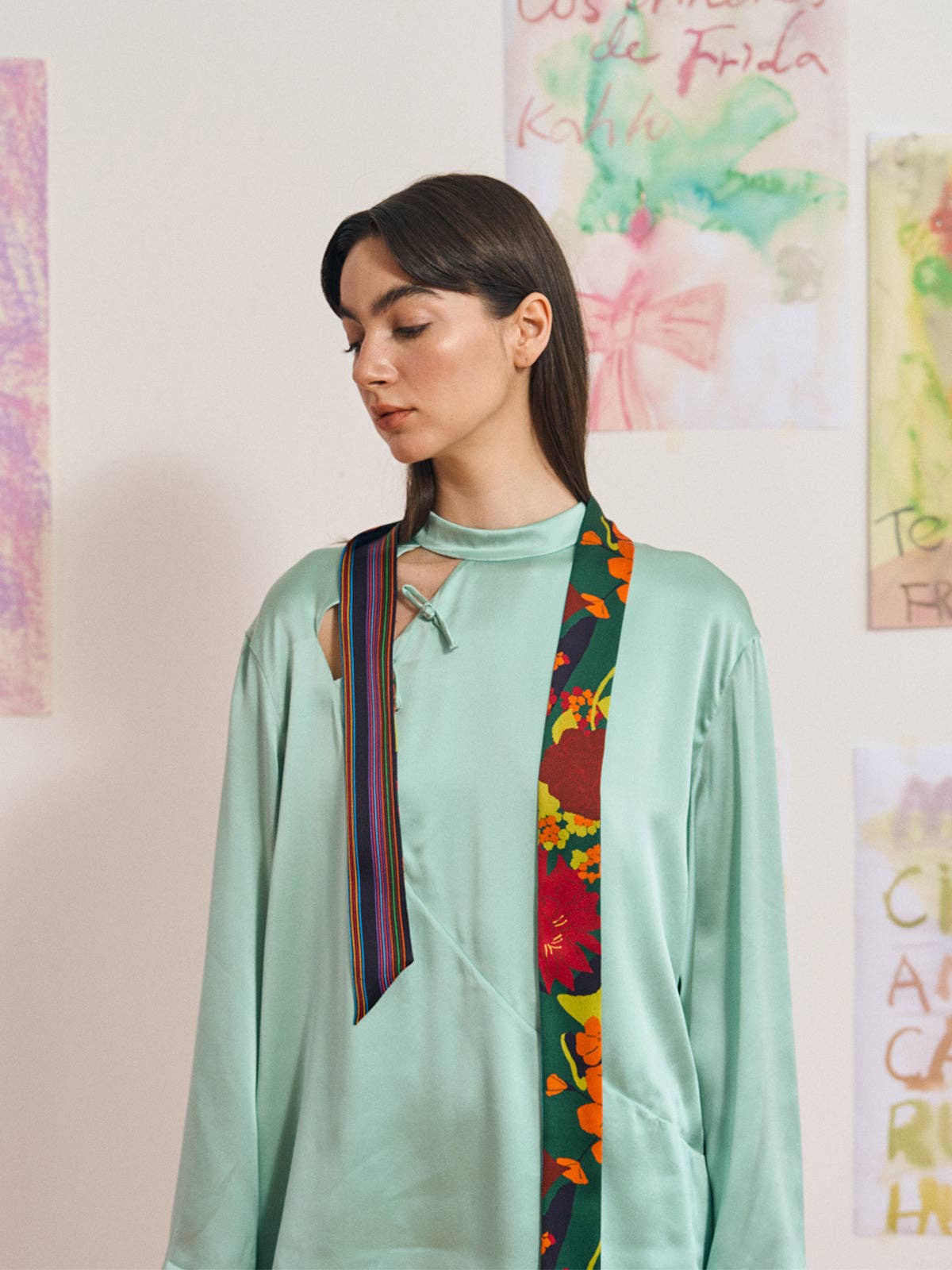 "Frida's Garden" Silk Skinny Scarf - Purple