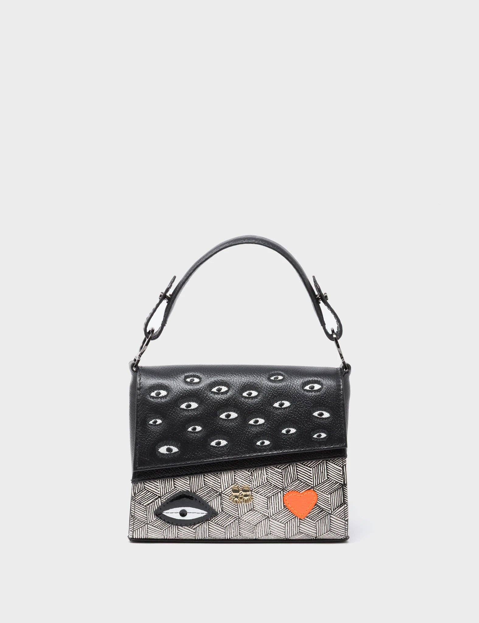 Anastasio Micro Crossbody Handbag Black Leather - All Over Eyes Design
